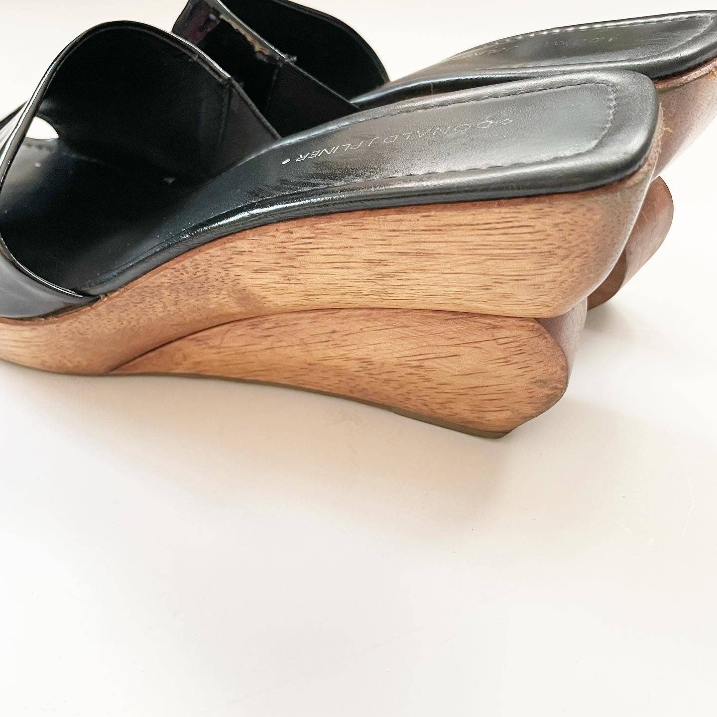 Donald J. Pliner Wish Black Wooden Square Heeled Patent Leather Mule Sandals