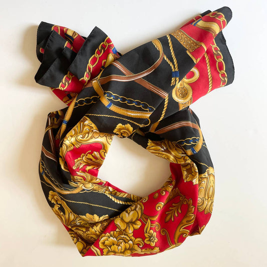 Vintage Equestrian Large Square Red Black Gold Rope Chain Satin Scarf