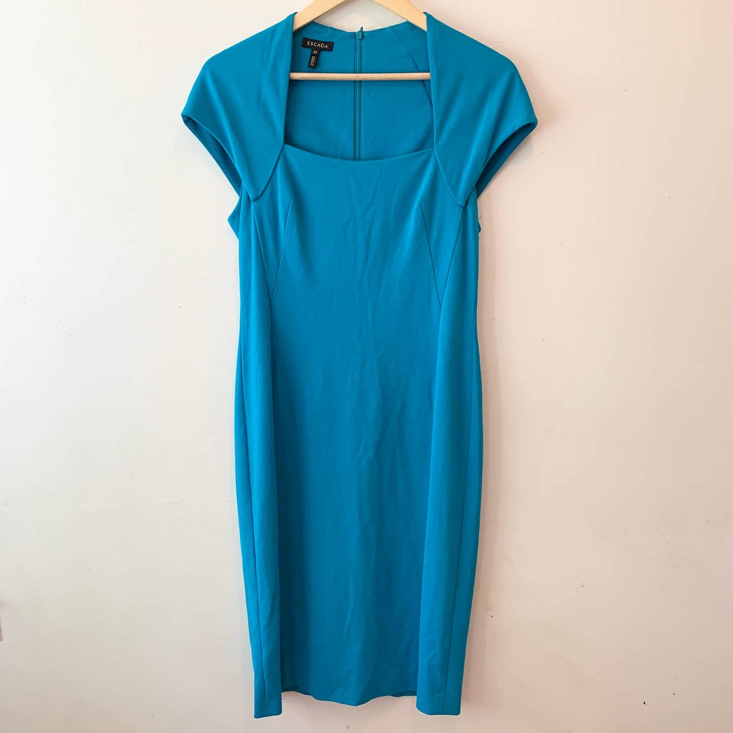 Escada Squareneck Knit Sheath Midi Dress Lagoon Blue 5012657 Size 38