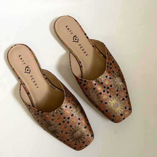 Katy Perry Evie Brocade Flower Print Slip On Gold Square Toe Mule 9