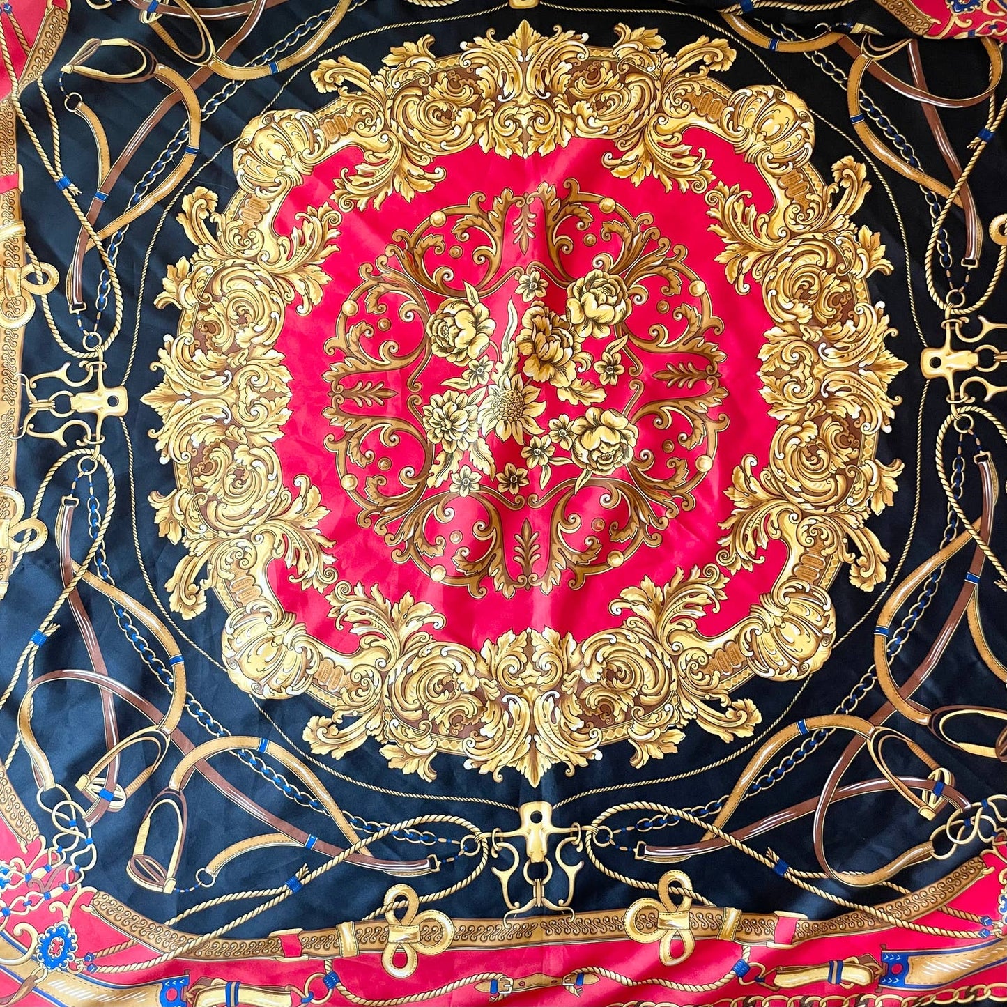 Vintage Equestrian Large Square Red Black Gold Rope Chain Satin Scarf