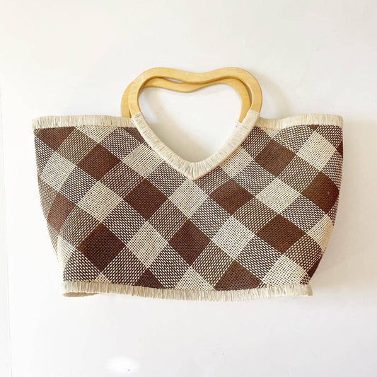 Vintage Straw Heart Handle Plaid Brown Cream Wicker Purse