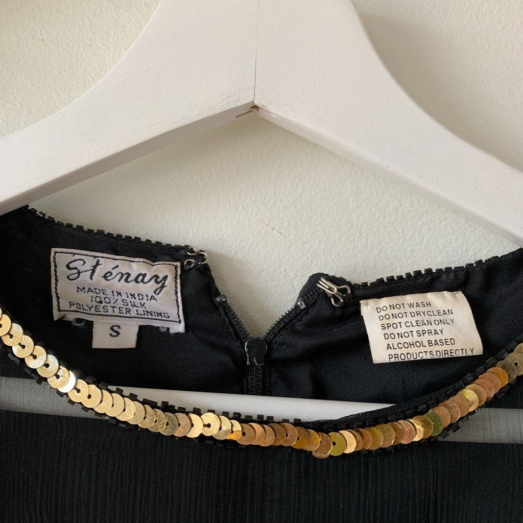 Vintage Stenay Sequin Floral Gold Black Silk Blouse Small