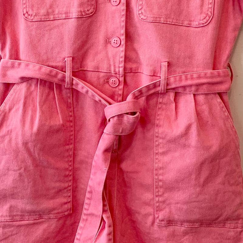 Skies are Blue Cotton Twill Notch Collar Short Sleeve Belted Denim Romper Small