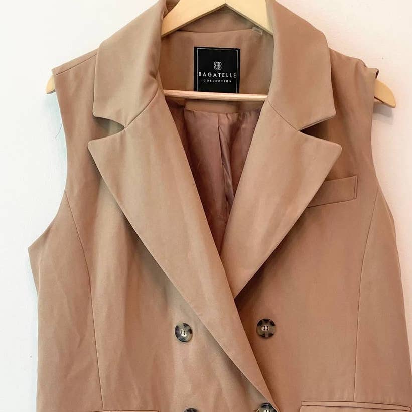 Bagatell Double Breasted Tan Sand Lined Long Vest