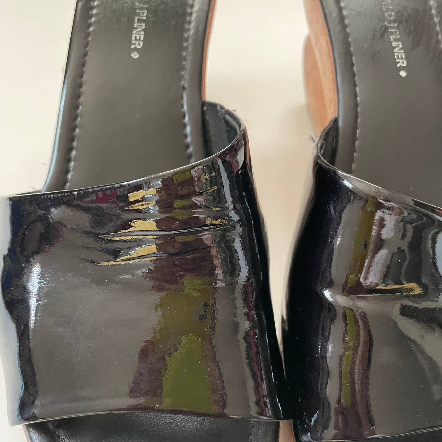 Donald J. Pliner Wish Black Wooden Square Heeled Patent Leather Mule Sandals