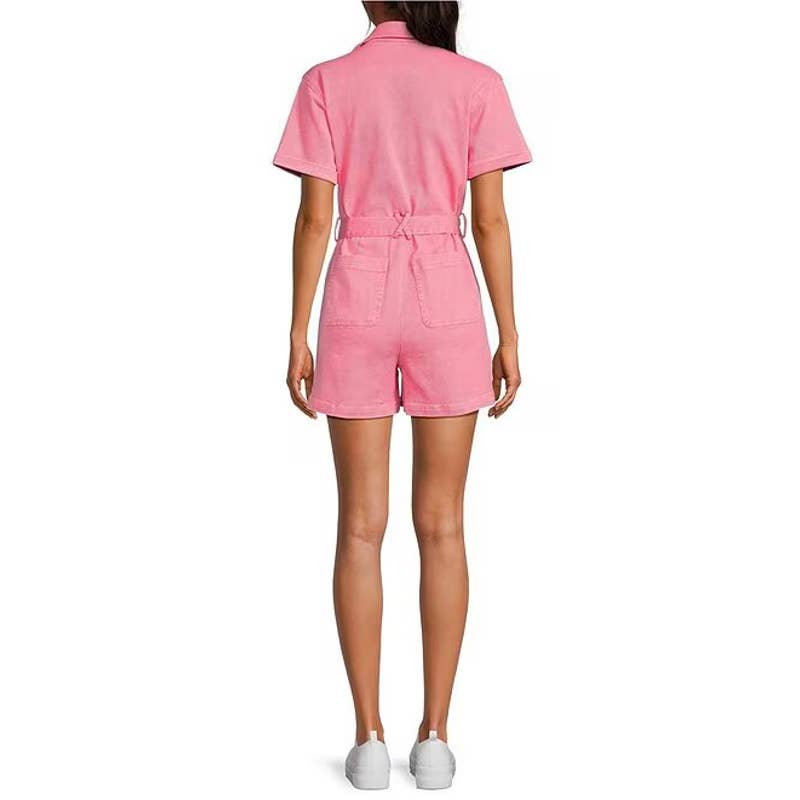 Skies are Blue Cotton Twill Notch Collar Short Sleeve Belted Denim Romper Small