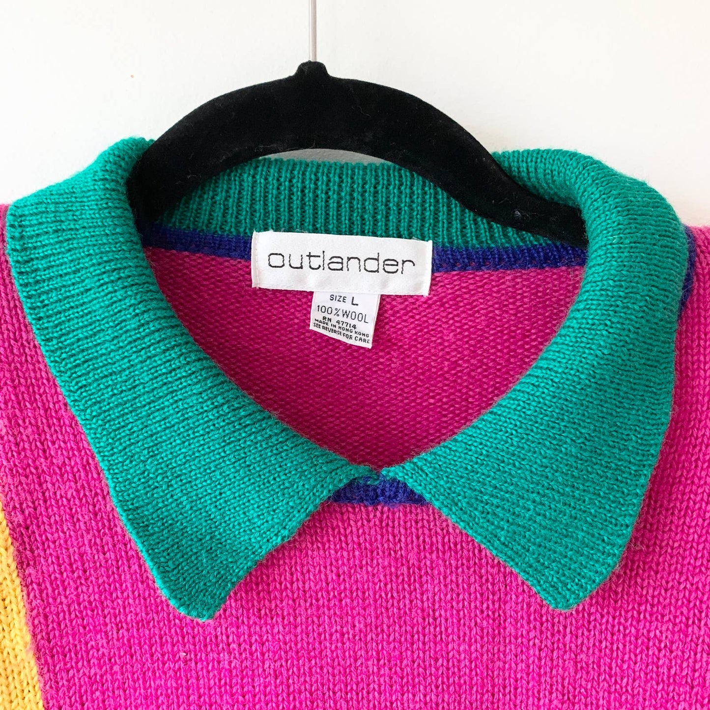 Vintage 1980s Outlander Checkered Striped Collared Pink Blue Black Sweater large