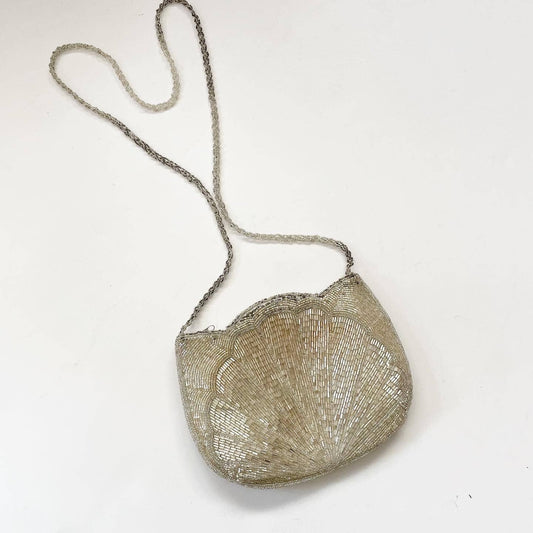 Vintage Beaded Seashell Silver Shoulder Purse