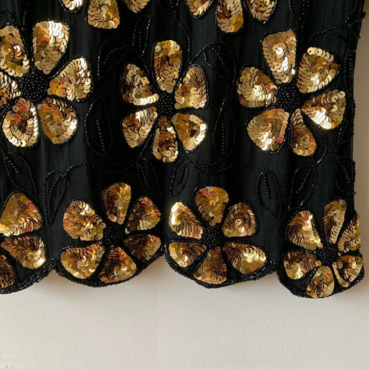 Vintage Stenay Sequin Floral Gold Black Silk Blouse Small
