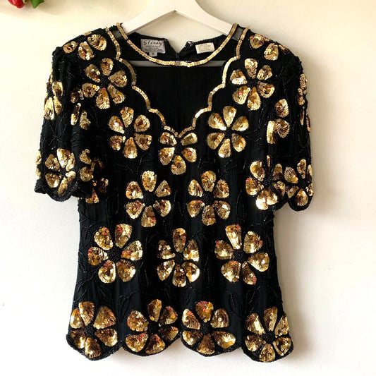 Vintage Stenay Sequin Floral Gold Black Silk Blouse Small