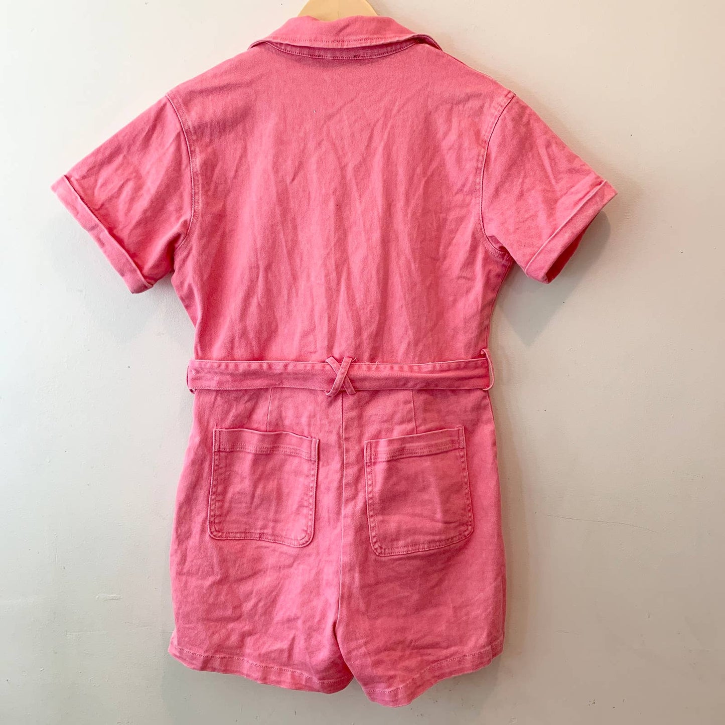 Skies are Blue Cotton Twill Notch Collar Short Sleeve Belted Denim Romper Small