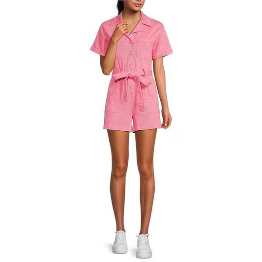 Skies are Blue Cotton Twill Notch Collar Short Sleeve Belted Denim Romper Small