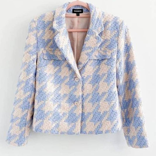 Express Houndstooth Boucle Blue White Jacket Blazer