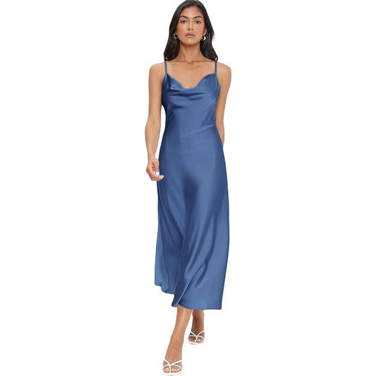 Florens Spaghetti Strap Cowl Neck Long Slip Satin Midi Dress Large