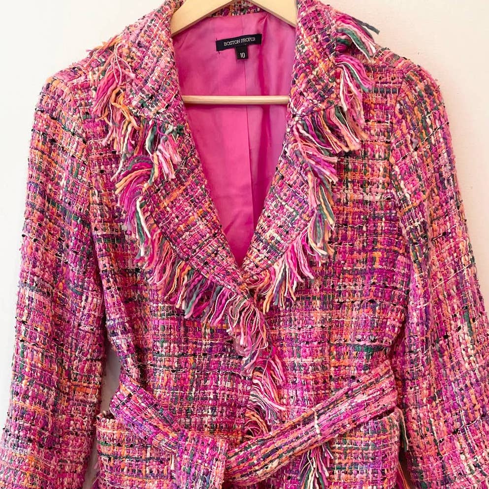 Boston Proper Pink Tweed Fringe Blazer Jacket