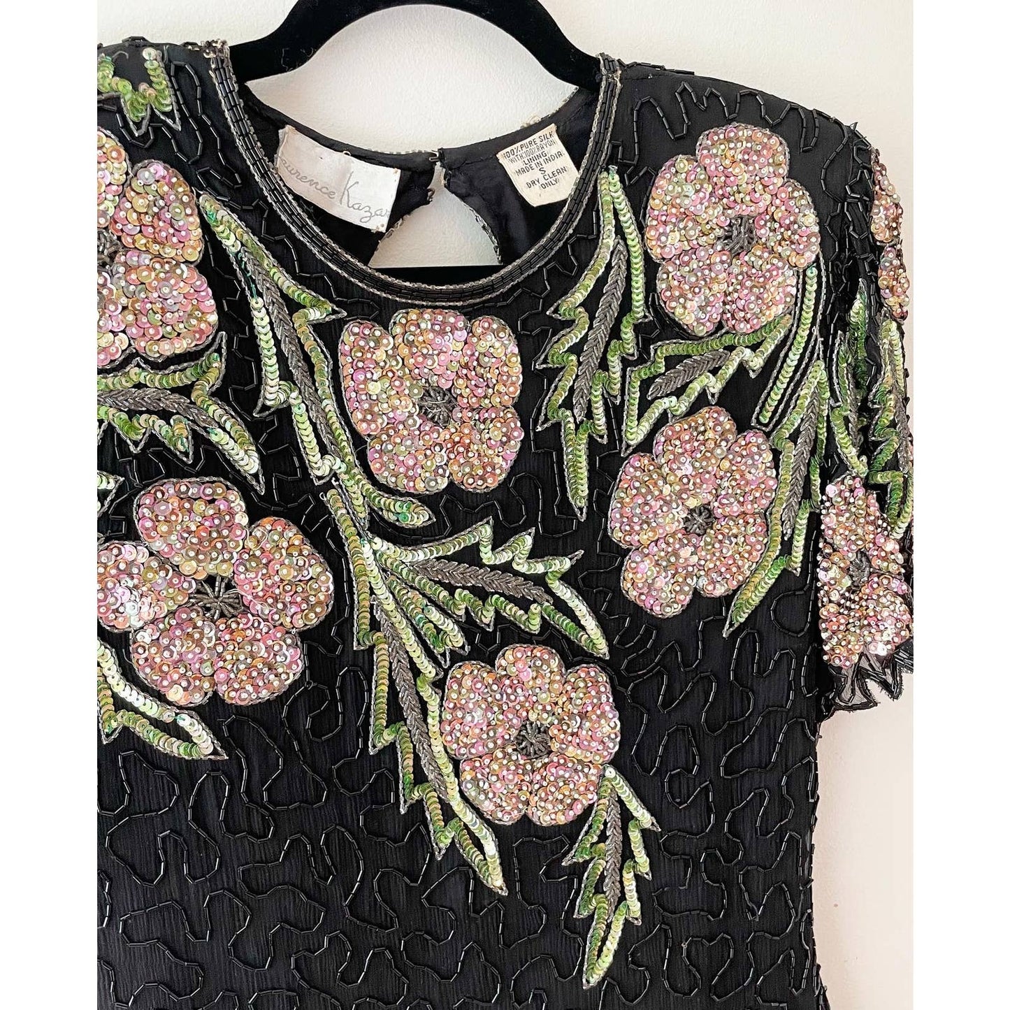 Laurence Kazar Vintage Pink Black Floral Sequin Dress