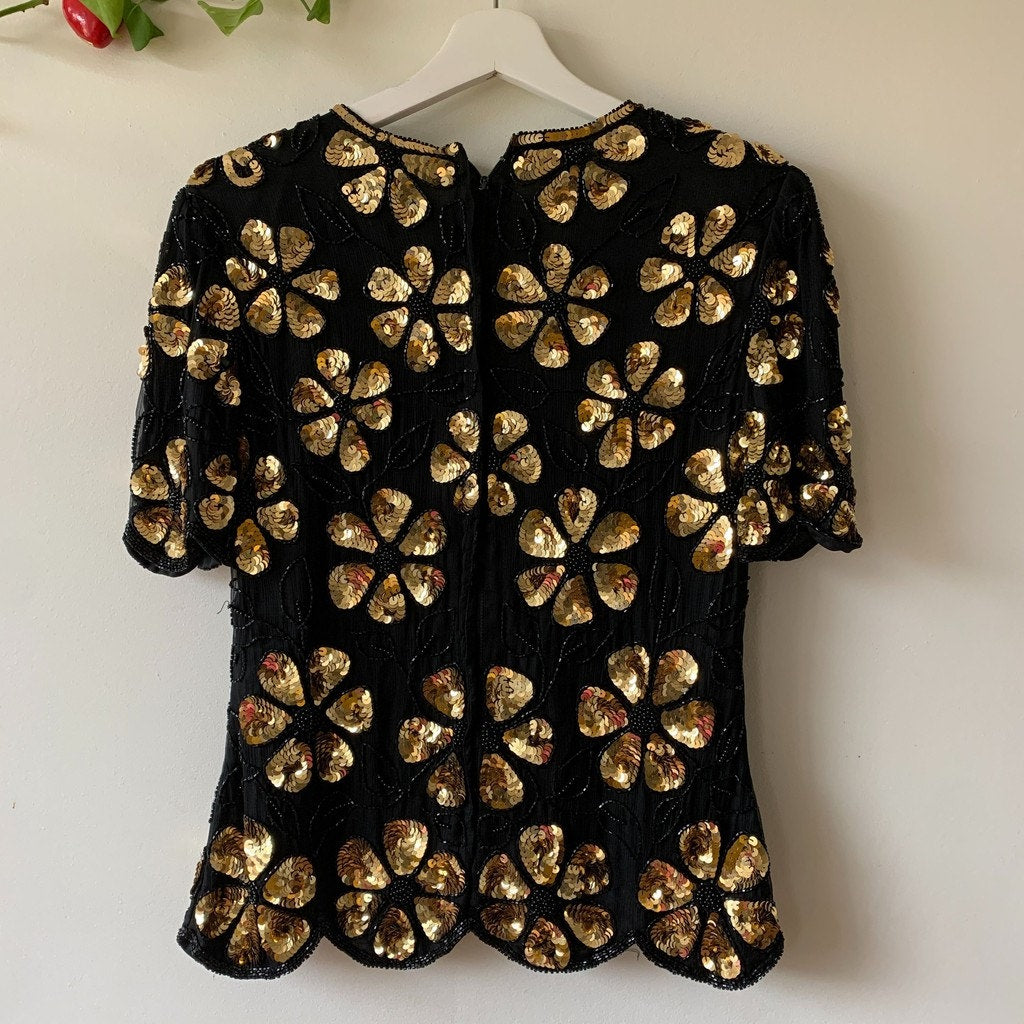 Vintage Stenay Sequin Floral Gold Black Silk Blouse Small