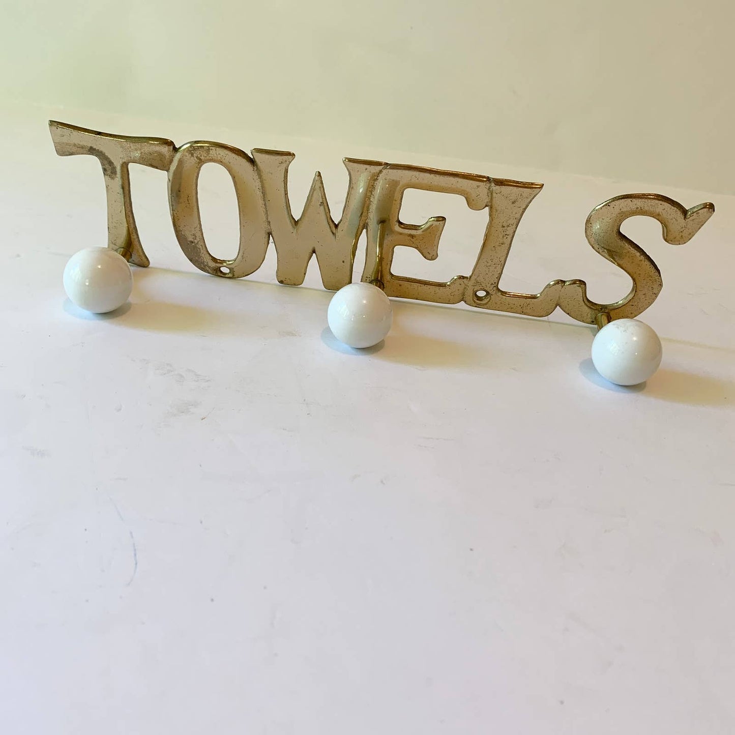 Vintage Brass Porcelain TOWELS Wall Plaque Rack Hooks by ART Taiwan