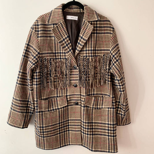 Mango MNG Women's Checked Print Fringe Blazer Brown Large