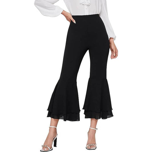 SweatyRocks Elastic Waist Layered Ruffle FLare Bell Cropped Black Pant