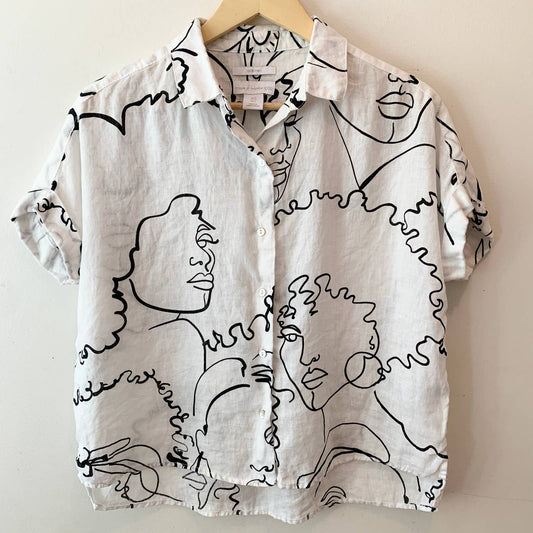 House of Harlow 1960 White Black Abstract Faces Button Up Linen Blouse