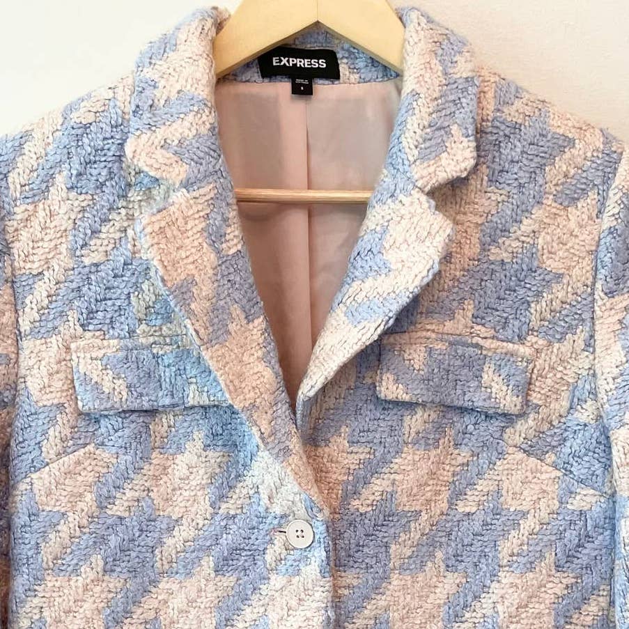 Express Houndstooth Boucle Blue White Jacket Blazer
