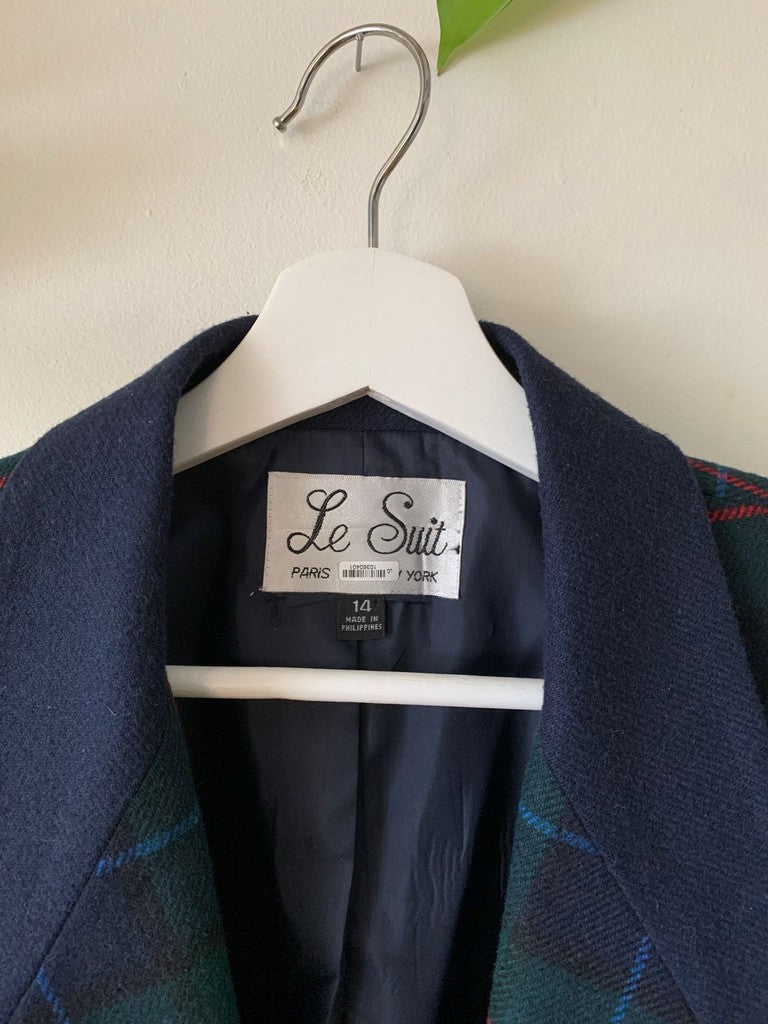 Vintage Le Suit Navy & Green Tartan Plaid Oversized Blazer Size 14