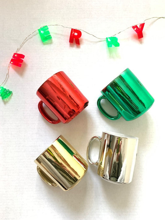 Vintage Celebrate the Season Red, Green, Silver, Gold Metallic Christmas Coffee Mug Set of 4