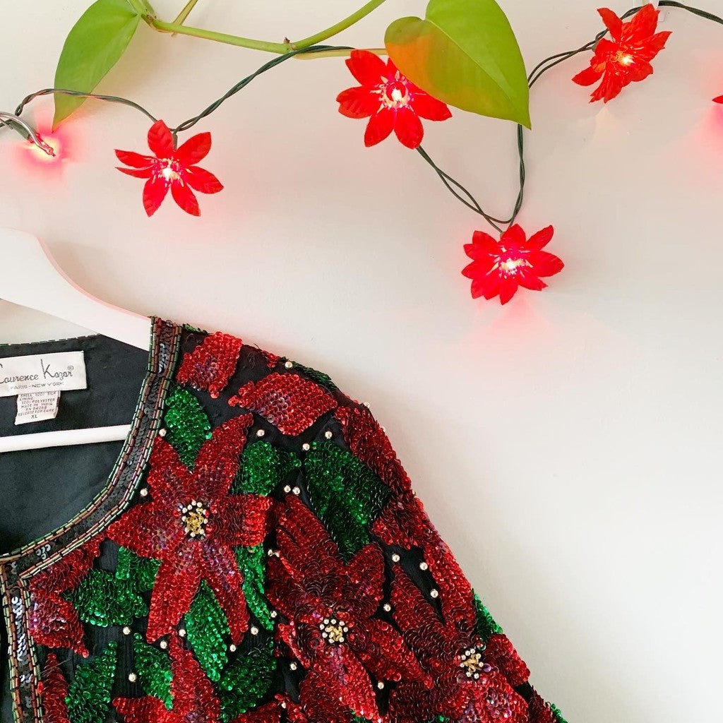 Vintage Laurence Kazar Red Poinsettia Sequin Silk Christmas Blazer size Xl