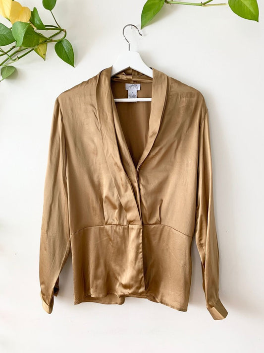 Vintage Jacquline Jerful Gold Bronze Silk Long Sleeve 90s Blouse Shirt