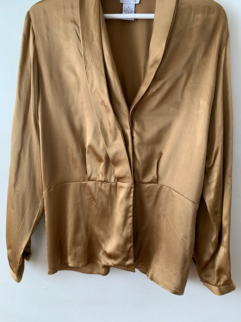 Vintage Jacquline Jerful Gold Bronze Silk Long Sleeve 90s Blouse Shirt