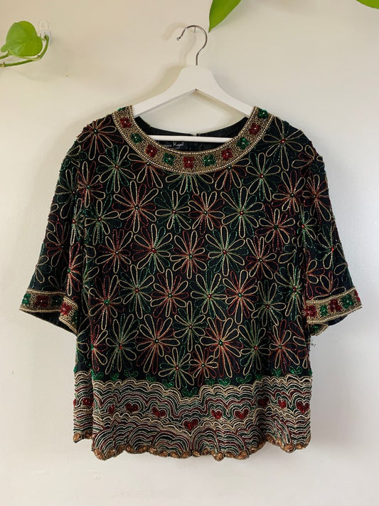 Vintage Laurence Kazar Beaded Silk Floral Heart Blouse Size L-XL