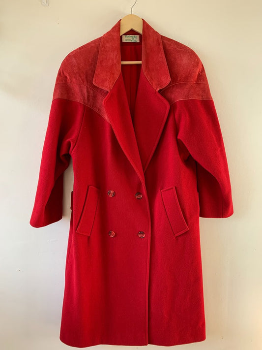 Vintage Fashions by 80s Jill Leather Trim Red Wool Overcoat Union Made