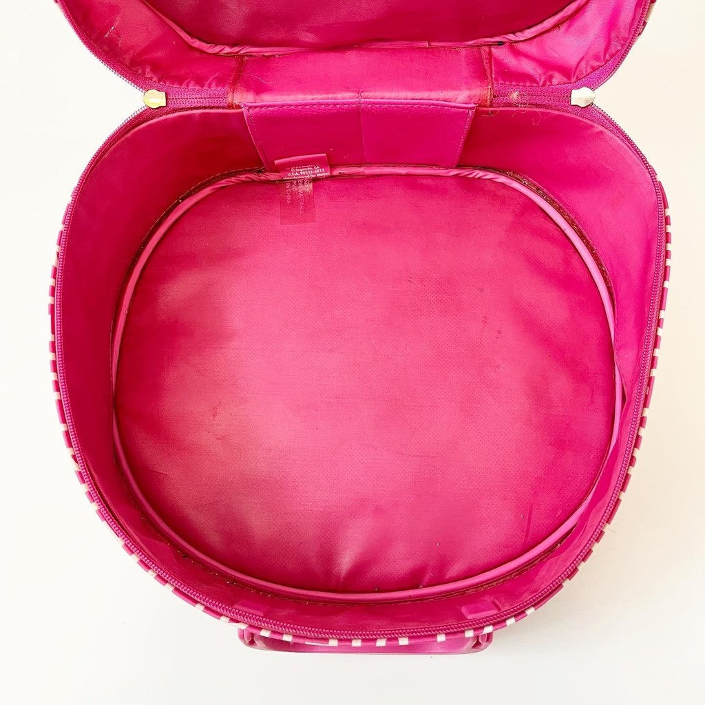 Vintage 2003 Large Barbie Printed Makeup Travel Barbie Logo Doll Round Carrying Case Pink White