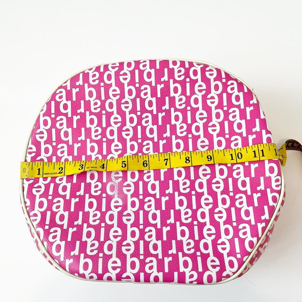 Vintage 2003 Large Barbie Printed Makeup Travel Barbie Logo Doll Round Carrying Case Pink White