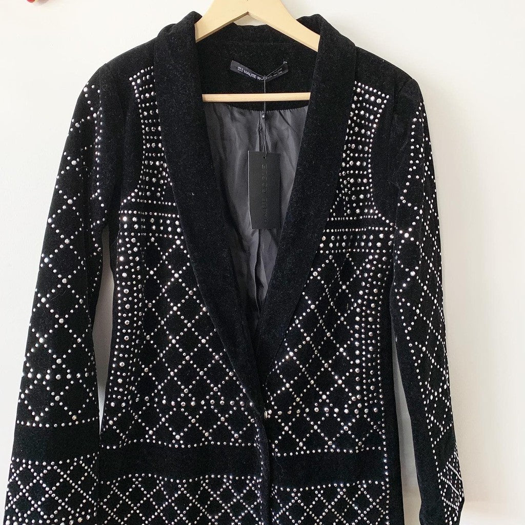 Haute Rogue Women Velvet Black Studded Jacket Trench Coat S