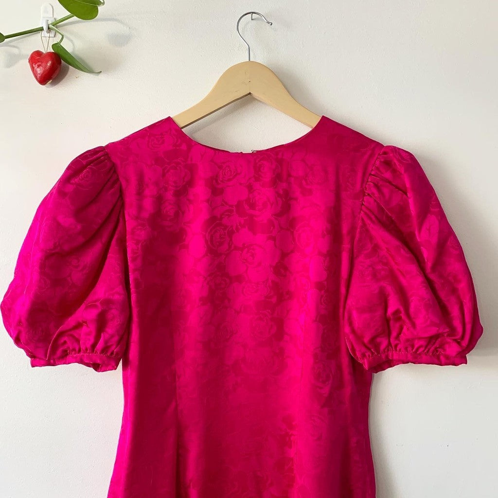 Vintage 80s Adrianna Papell Pink Sheath Midi Puff Sleeve Dress