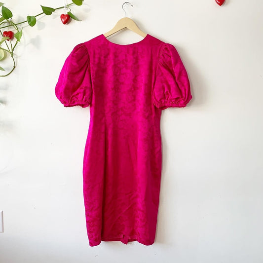Vintage 80s Adrianna Papell Pink Sheath Midi Puff Sleeve Dress