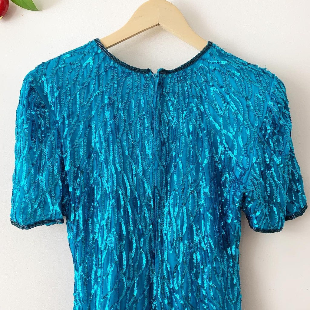 Vintage 80s Laurence Kazar 100% Silk Sequin Dress M