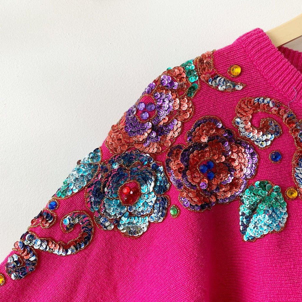 Vintage SML Glitz 80s Pink Sequin Sweater XL