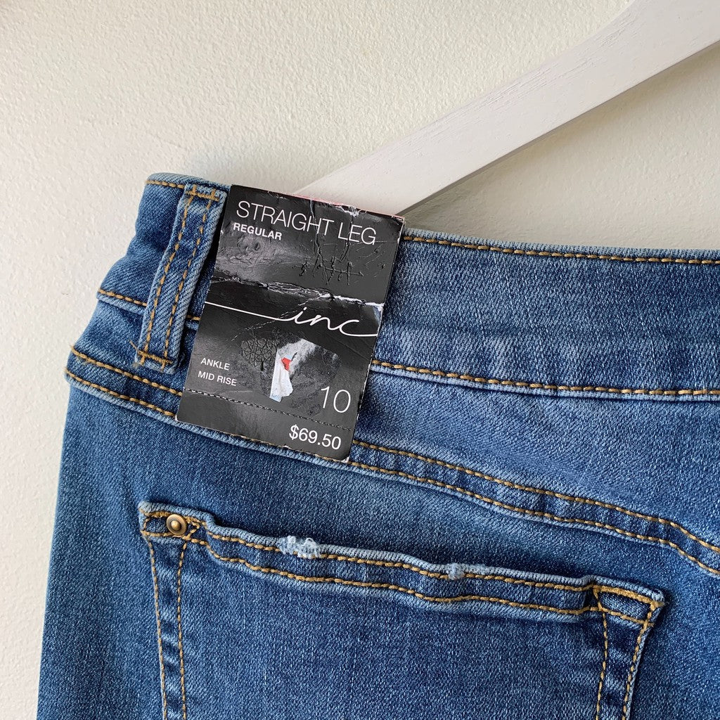 INC International Concepts Women Straight Leg High Rise Button Fly Frayed Hem Jeans Size 10 Regular