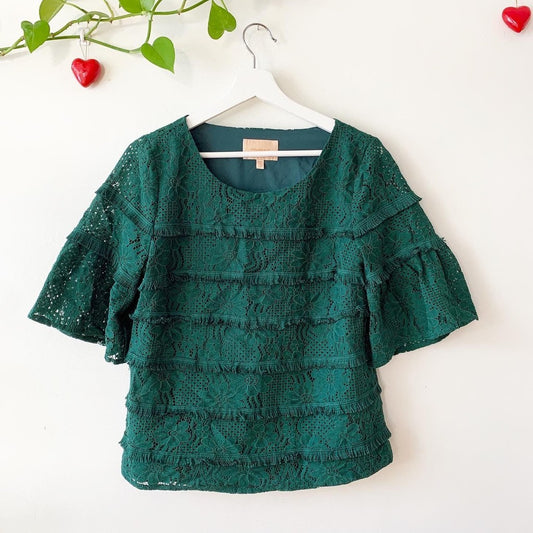 Skies are Blue Green Audrie Allover Lace Bell Sleeve  Blouse Size Medium Petites