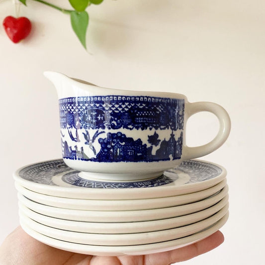 Vintage Blue Willow Set of Six Saucer Plates & Coffee Creamer