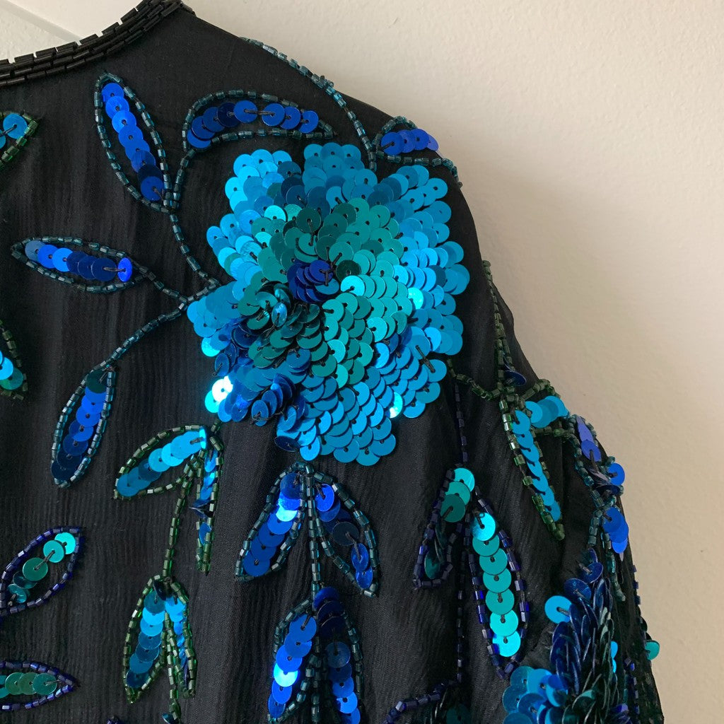 Vintage Scala Silk Beaded Sequin Blouse Blue Floral Plus 6X