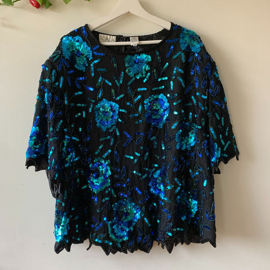 Vintage Scala Silk Beaded Sequin Blouse Blue Floral Plus 6X
