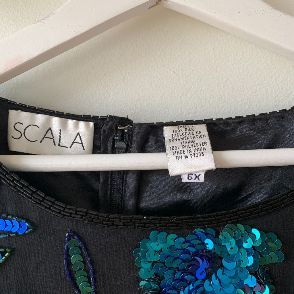 Vintage Scala Silk Beaded Sequin Blouse Blue Floral Plus 6X