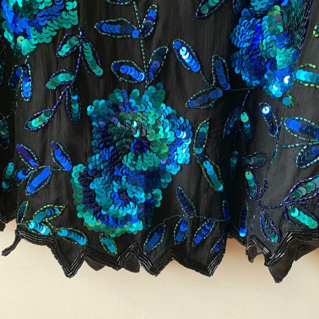 Vintage Scala Silk Beaded Sequin Blouse Blue Floral Plus 6X