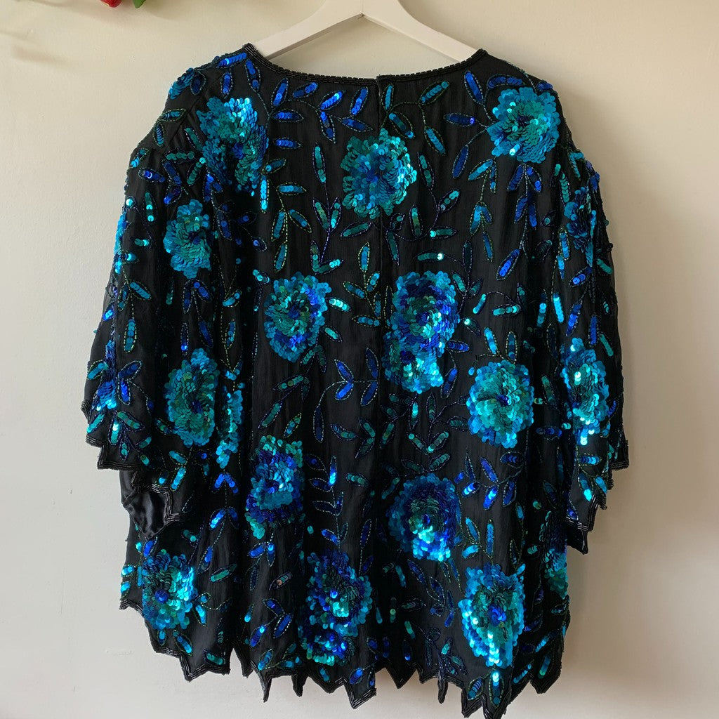 Vintage Scala Silk Beaded Sequin Blouse Blue Floral Plus 6X