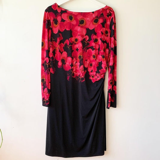 Lauren Ralph Lauren Black & Pink Knee Length Sheath Pullover Floral Long Sleeve Dress